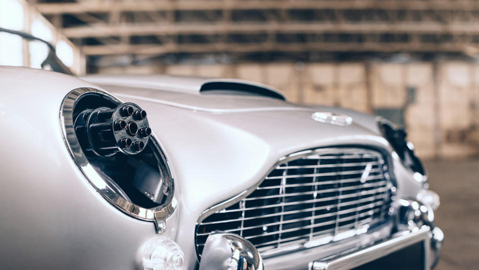 A close-up of the front of the Little Car Company's DB5 Junior "No Time To Die" Edition. 