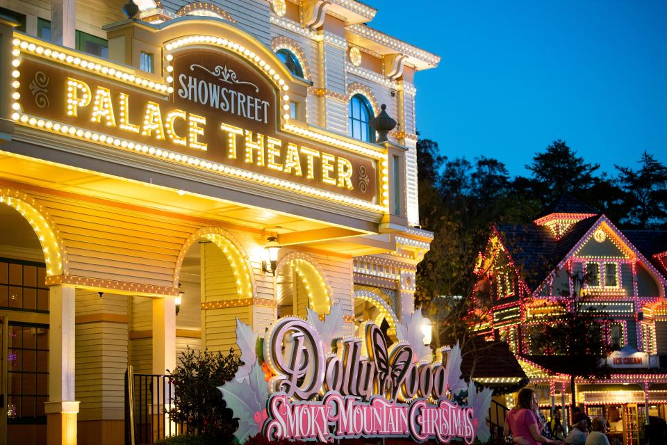 A decorated Showstreet during Dollywood's Smoky Mountain Christmas event on Wednesday, Nov. 10, 2021.