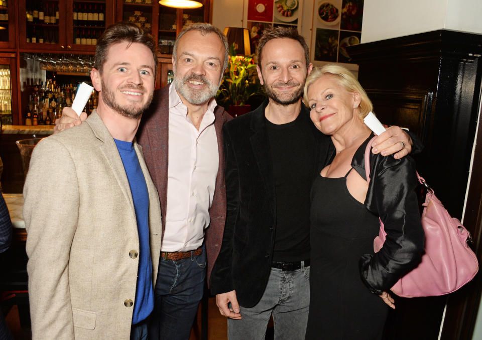 LONDON, ENGLAND - MAY 25:  (L to R) Guest, Graham Norton, Jeremy Langmead and Maria McErlane attend the press night after party for The Kenneth Branagh Theatre Company's "Romeo And Juliet" at The The National Cafe on May 25, 2016 in London, England.  (Photo by David M. Benett/Dave Benett/Getty Images)