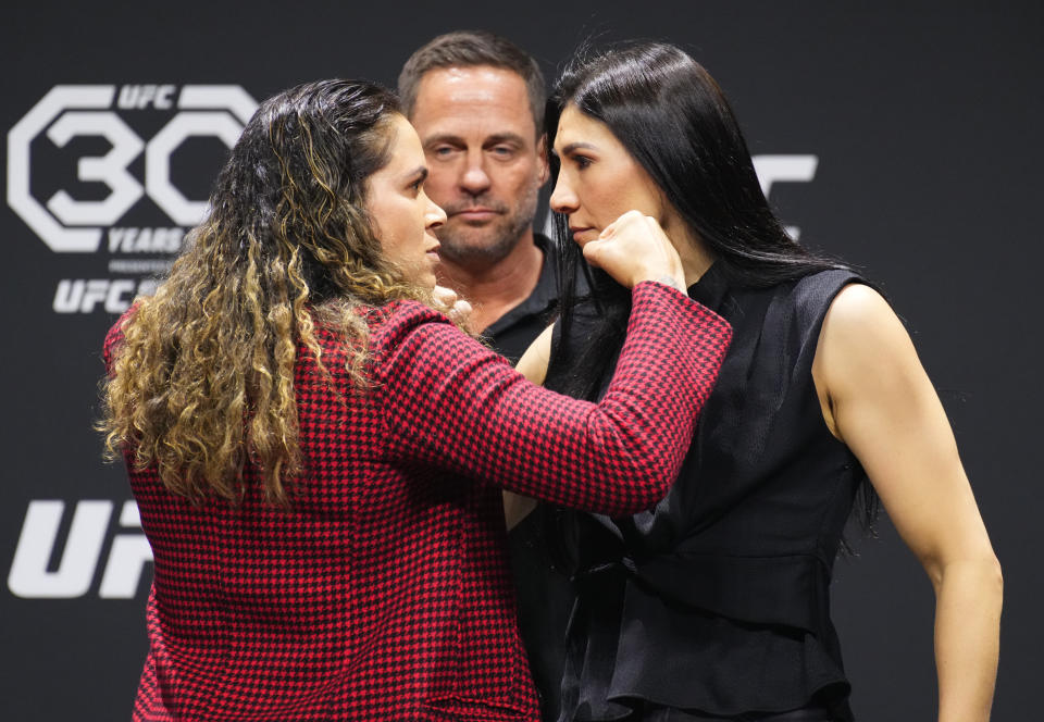 NEWARK, NEW JERSEY – MAY 05: (L-R) Opponents Amanda Nunes and Irene Aldana square off during the UFC 288 ceremonial weigh-ins at the Prudential Center on May 05, 2023 in Newark, New Jersey.  (Photo by Chris Unger/Zuffa LLC via Getty Images)