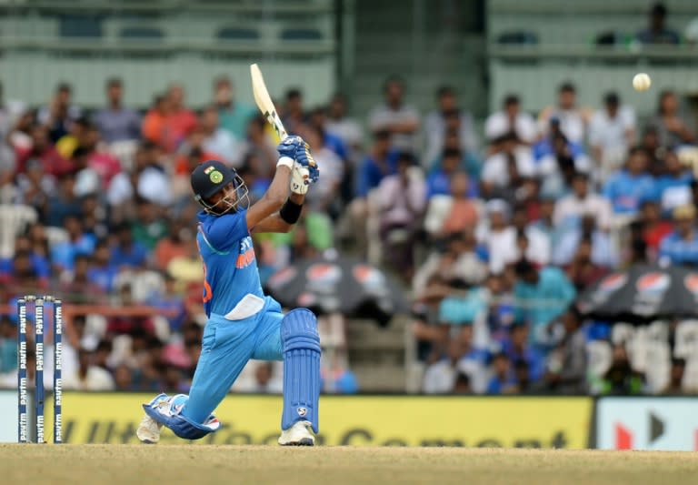 Indian cricketer Hardik Pandya plays a shot during the first one day international cricket match in the India-Australia series at the M A Chidhambaram stadium in Chennai on September 17, 2017