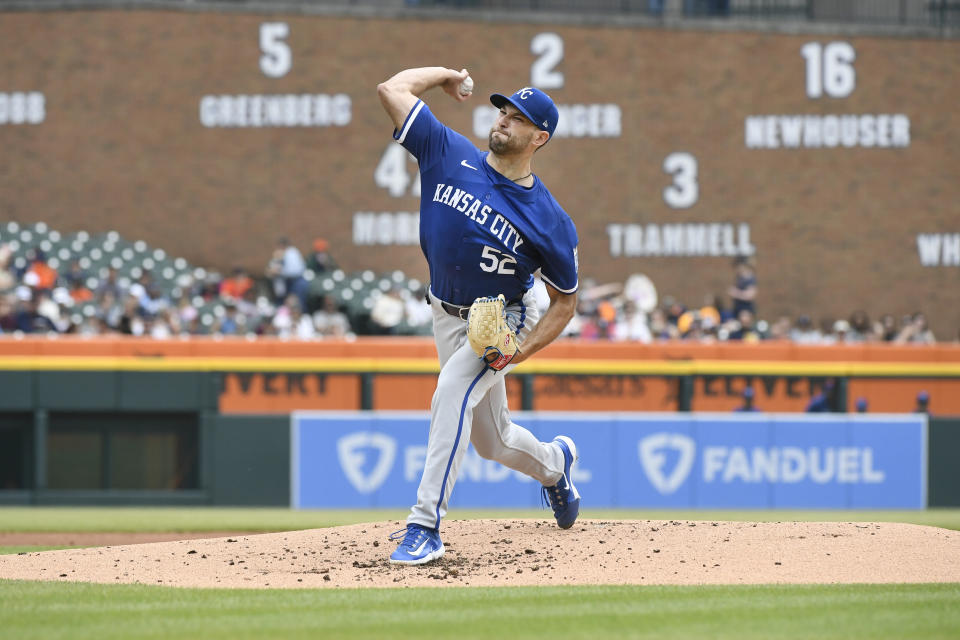 Kansas City Royals starting pitcher Michael Wacha throws to a Detroit Tigers batter in the first inning of a baseball game, Sunday, April 28, 2024, in Detroit. (AP Photo/Jose Juarez)