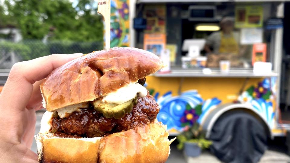 Maple barbecue and Nashville hot vegan &quot;chicken&quot; sliders at Secret Vegan Kitchen, which pops up at Barrier Brewing Co. in Oceanside, New York