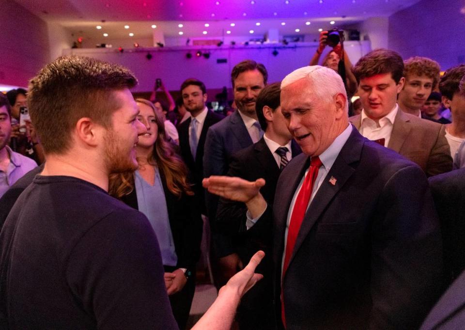 Former Vice President Mike Pence greets the crowd after speaking at the Carolina Union on Wednesday, April 26, 2023, in Chapel Hill, N.C.