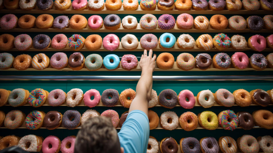 An employee of the grocery store happily decorating doughnuts with colorful icing.