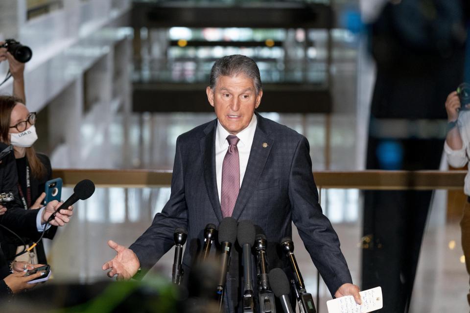 Sen. Joe Manchin speaks at a news conference outside of his office on Capitol Hill in Washington on Wednesday, Oct. 6, 2021. 