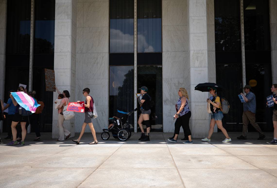 Advocates for LGBTQ+ equality prepare to enter the North Carolina General Assembly on Tuesday, June 27, 2023 to rally in opposition to anti-LGBTQ+ bills moving through the General Assembly. The legislative package includes HB808, a bill which would prohibit access to gender-affirming care for transgender youth in North Carolina as of August 1.