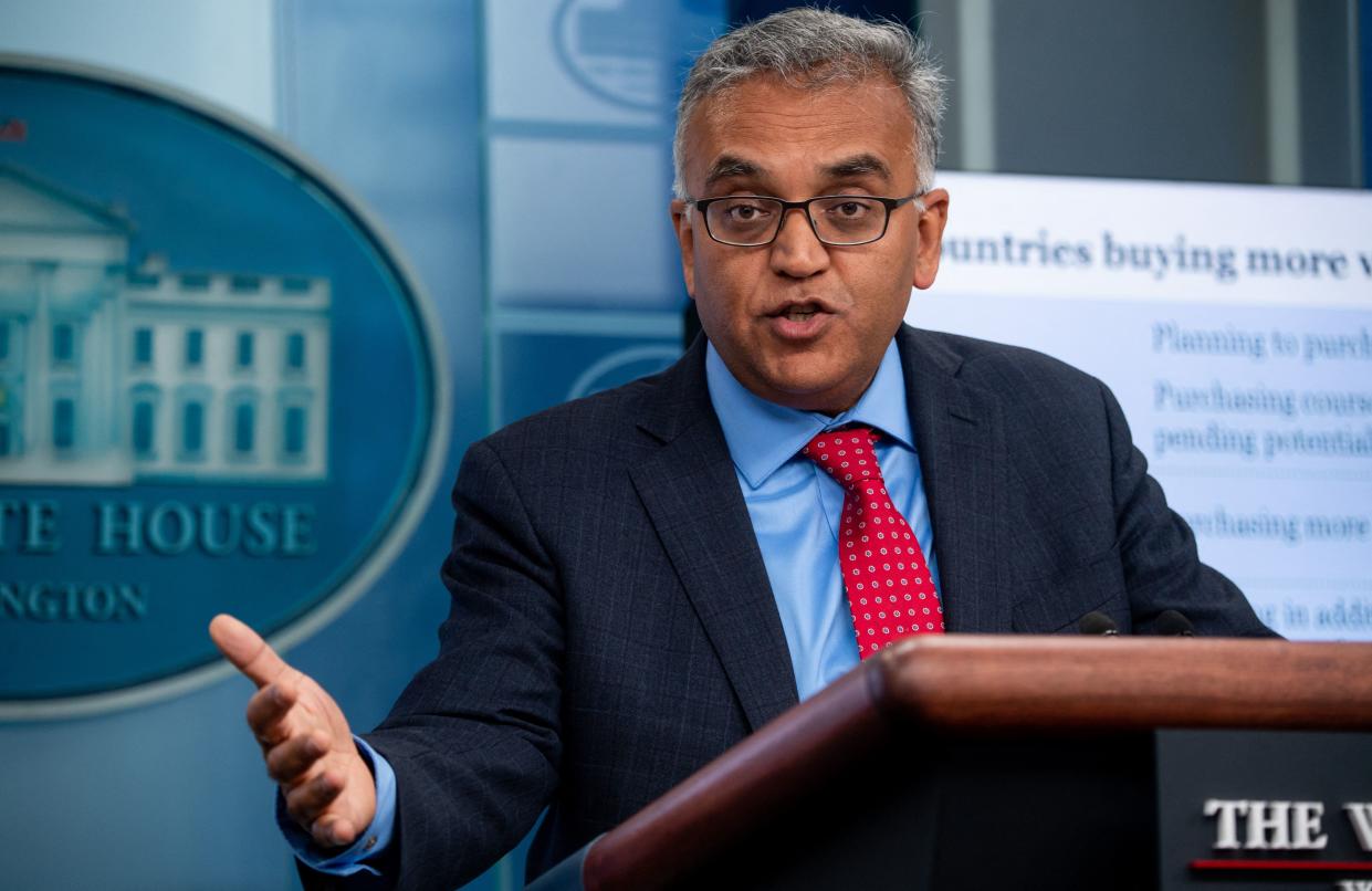 Dr. Ashish Jha, the White House coronavirus response coordinator, speaks during a press briefing on April 26. 