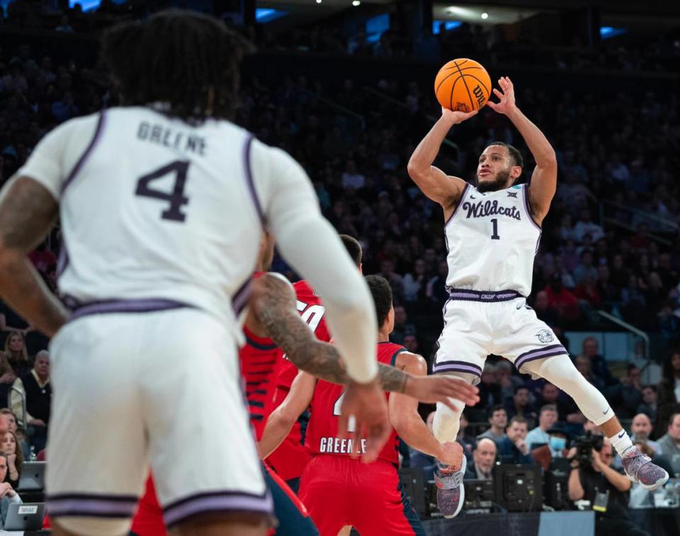 Kansas State’s Markquis Nowell hits a shot against Florida Atlantic in the second half of their east region final game at Madison Square Garden on Saturday night.