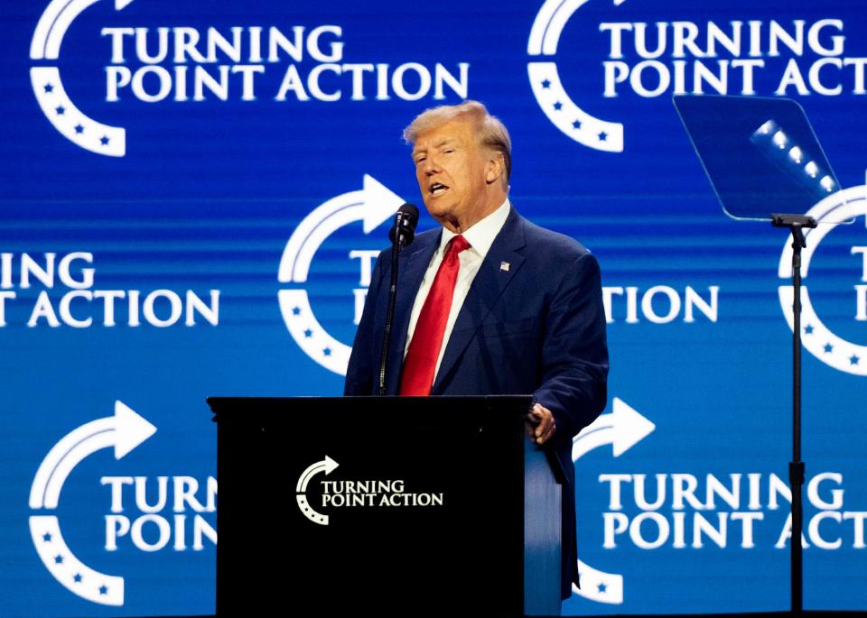 Donald Trump speaks during Turning Point Action general session at the Palm Beach County Convention Center in West Palm Beach July 2023. 