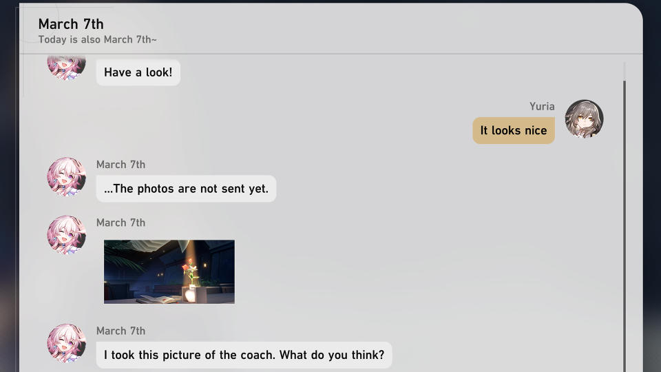 Honkai Star Rail screenshot of a text message exchange about photos between two characters