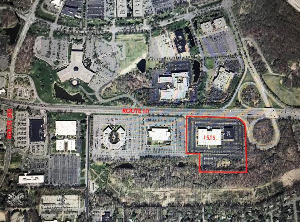 An overhead view of the proposed area of redevelopment on Route 10 east in Parsippany, where two office buildings would be demolished to make way for a mixed-use retail-residential development. The image was shown by Stanbery Developers during a Parsippany council meeting Dec 15, 2021.