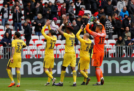 Soccer Football - Ligue 1 - OGC Nice vs Paris St Germain - Allianz Riviera, Nice, France - March 18, 2018 Paris Saint-Germain celebrate after the match REUTERS/Jean-Paul Pelissier