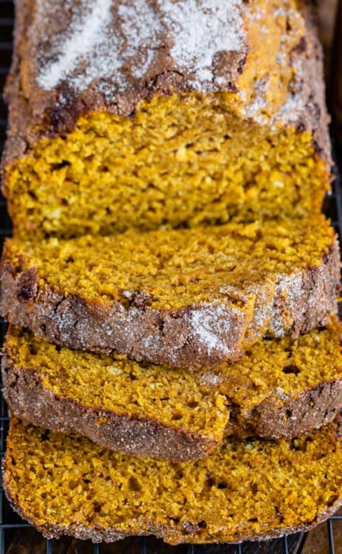 <p>Crazy For Crust</p><p>This version of pumpkin bread has a crunchy cinnamon sugar topping—it’s the perfect breakfast or snack during pumpkin season! </p><p><strong>Get the recipe: <em><a href="https://www.crazyforcrust.com/easy-pumpkin-bread-recipe/" rel="nofollow noopener" target="_blank" data-ylk="slk:Pumpkin Bread with Crunchy Cinnamon Sugar Topping;elm:context_link;itc:0;sec:content-canvas" class="link ">Pumpkin Bread with Crunchy Cinnamon Sugar Topping</a></em></strong></p>