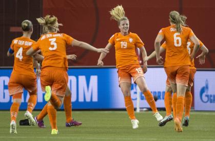 Netherlands forward Kirsten Van De Ven (19) celebrates her goal against Canada during the second half of a FIFA Women&#39;s World Cup soccer match Monday, June 15, 2015, in Montreal, Canada. (Paul Chiasson/The Canadian Press via AP)