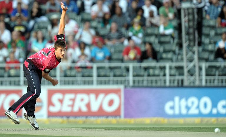 Sydney Sixers's bowler Pat Cummins delivers a ball on October 28, 2012 during the final Champions League T20 match against the Lions at the Wanderers Stadium in Johannesburg