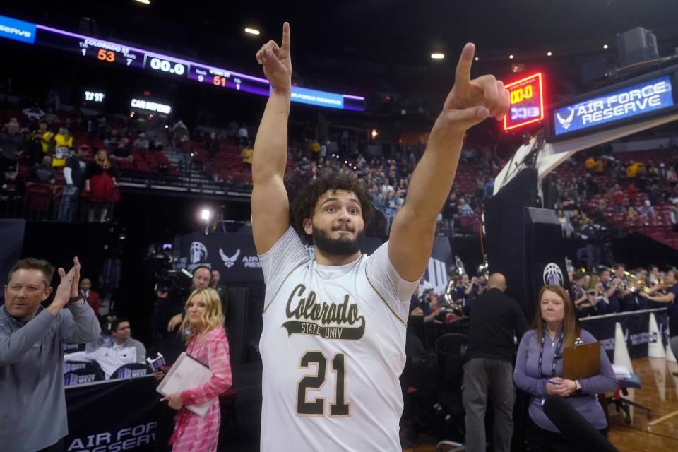 Colorado State's David Roddy celebrates the Rams' victory over Utah State in the quarterfinals of the 2022 Mountain West Conference men's basketball tournament in Las Vegas.