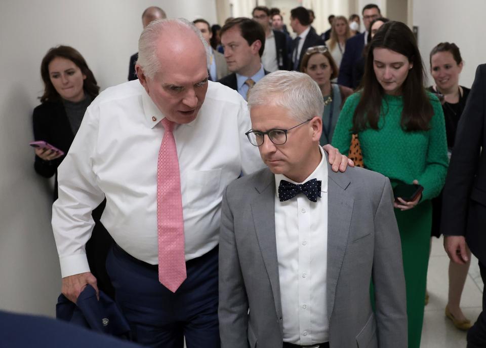 U.S. Speaker Pro Tempore Rep. Patrick McHenry (R) (R-NC) talks with Rep. Tom Cole (R-OK) as they leave a meeting with House leadership at the Rayburn House Office Building on October 19, 2023 in Washington, DC.