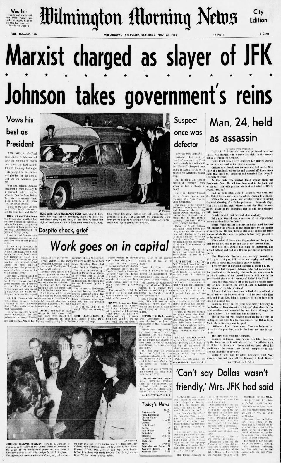 Front page of the Wilmington Morning News from Nov. 23, 1963.