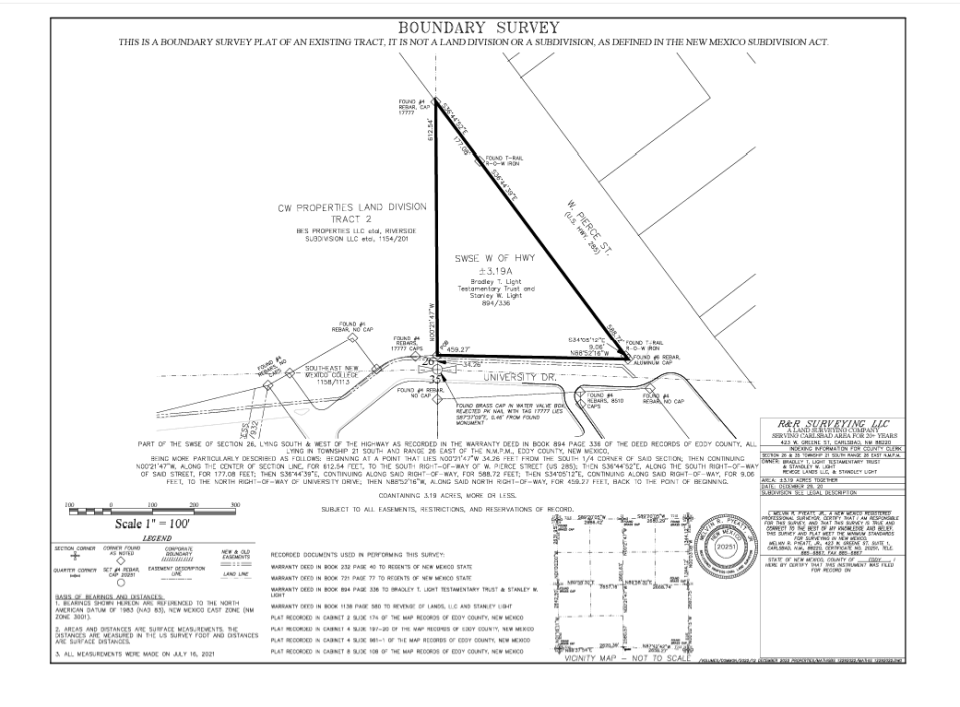 A boundary survey of property on University Drive which was proposed for purchase by Southeast New Mexico College.