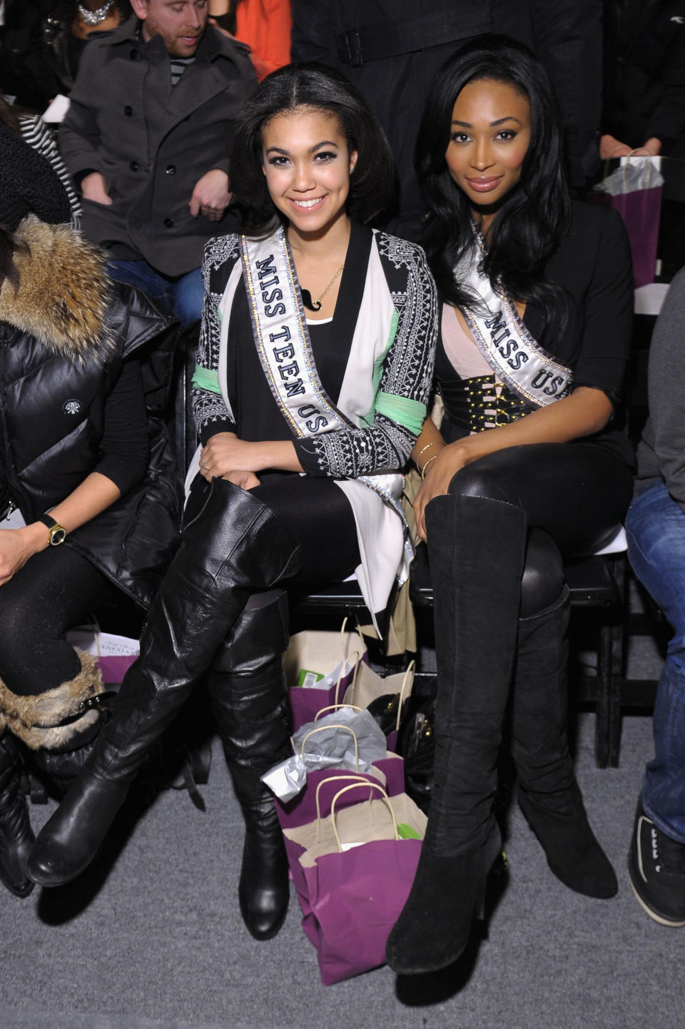 NEW YORK, NY - FEBRUARY 09:  Miss Teen USA Logan West (L) and Miss USA Nana Meriwether attend the Venexiana Fall 2013 fashion show during Mercedes-Benz Fashion at The Studio at Lincoln Center on February 9, 2013 in New York City.  (Photo by Michael Loccisano/Getty Images for Mercedes-Benz Fashion Week)