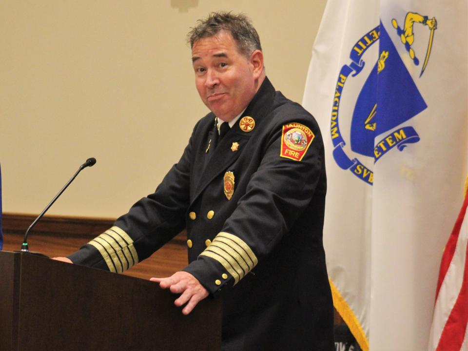 Outgoing Taunton Fire Chief Tim Bradshaw, who is retiring after 28 years with the department and 13 years as chief, speaks at a Taunton City Council meeting on Aug. 8, 2023.