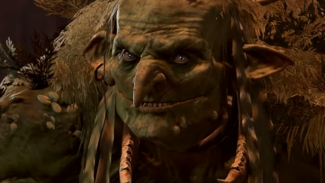  Auntie Ethel, a hag from Baldur's Gate 3 with a twisted mien and a cruel smile, grins at the viewer. 