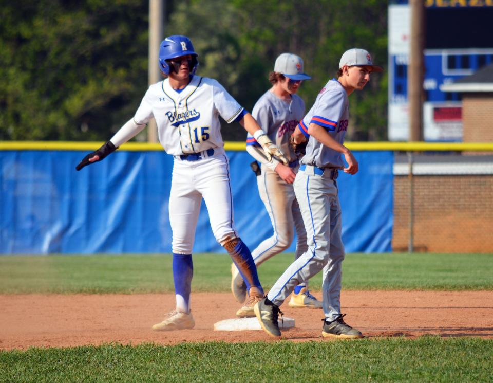 Clear Spring's Tyce McConnaughey is safe at second with a stolen base during the Blazers' 9-1 win over Boonsboro in the 1A West Region II quarterfinals.