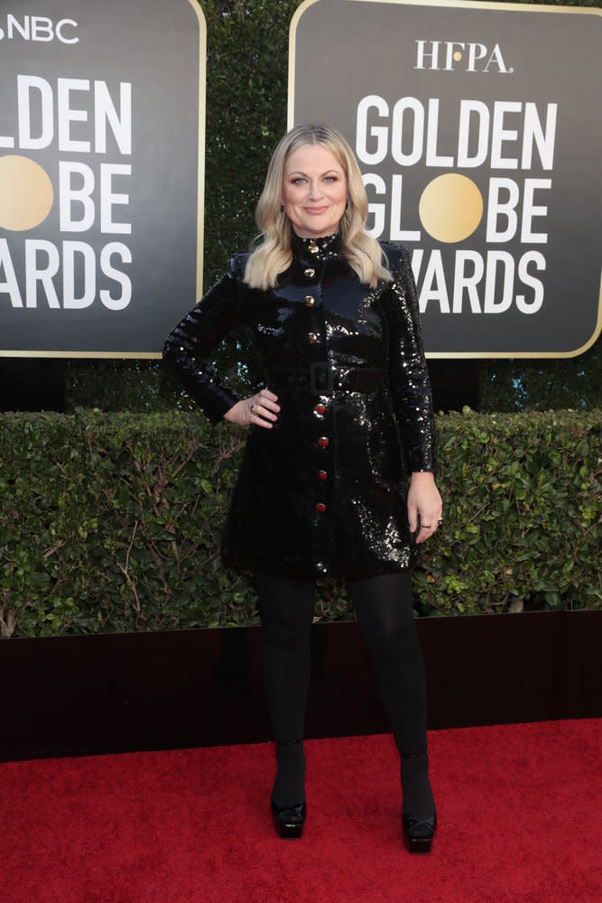 78th ANNUAL GOLDEN GLOBE AWARDS -- Pictured: Co-host Amy Poehler arrive to the 78th Annual Golden Globe Awards held at the Beverly Hilton Hotel on February 28, 2021. -- (Photo by: Todd Williamson/NBC)