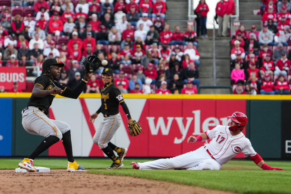 Reds Stuart Fairchild is out at second base during the 2023 Reds Opening Day game against the Pittsburgh Pirates on Thursday March 30, 2023. The Pirates won the game with a final score of 5-4.