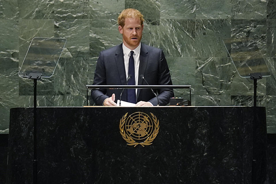 Prince Harry speaks at United Nations headquarters, Monday, July 18, 2022. The Duke and Duchess of Sussex were at the UN to mark the observance of Nelson Mandela International Day. (AP Photo/Seth Wenig)