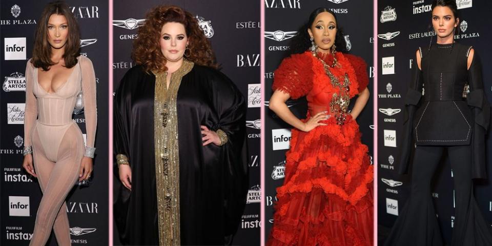 <p>Harper's Bazaar's Icons party took place on Friday night and you may have heard that Cardi B and Nicki Minaj got into a <a rel="nofollow noopener" href="https://www.cosmopolitan.com/uk/entertainment/a23037062/nicki-minaj-cardi-b-fight-video-harpers-bazaar-party/" target="_blank" data-ylk="slk:MAHOOSIVE physical fight;elm:context_link;itc:0;sec:content-canvas" class="link ">MAHOOSIVE physical fight</a>, with actual shoes fired. But there was more to the night that actual wig snatching, Bella Hadid wore nothing but a <a rel="nofollow noopener" href="https://www.cosmopolitan.com/uk/fashion/celebrity/a23042890/bella-hadid-naked-body-suit-outfit-harpers-bazaar-icons-party/" target="_blank" data-ylk="slk:nude body suit;elm:context_link;itc:0;sec:content-canvas" class="link ">nude body suit</a>, Kendall Jenner wore some ridiculously long sleeves and trousers, and Christina Aguilera looked like she was in need of a good plucking. Here's every outfit you need to see from the night.</p>