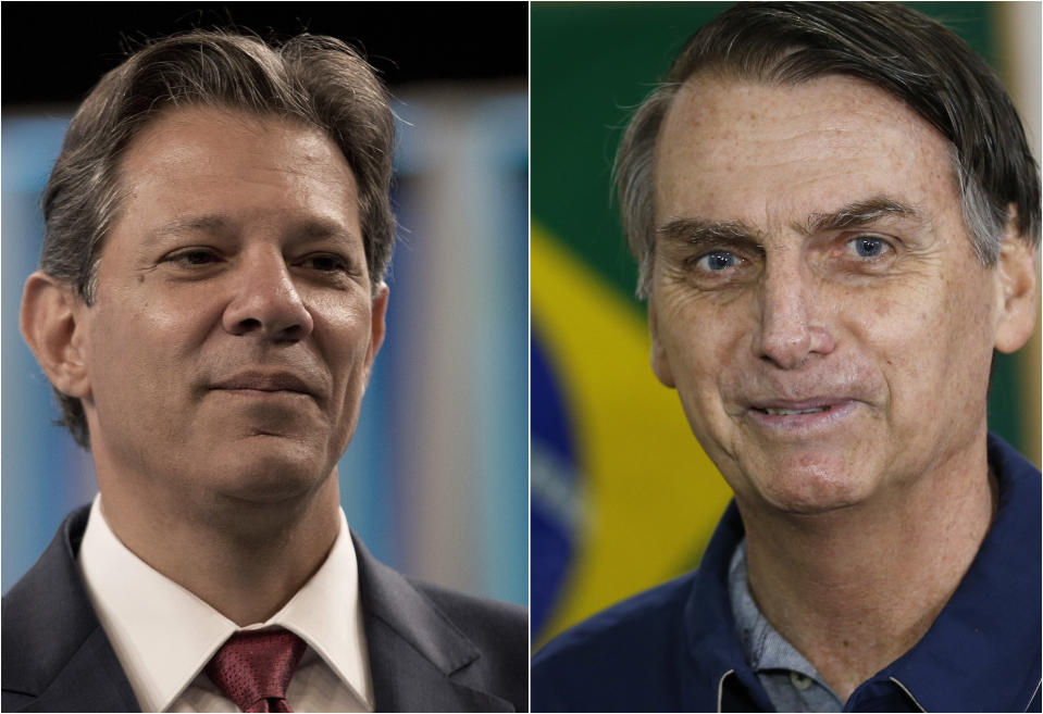 This photo combo of Workers' Party Presidential candidate Fernando Haddad shot on Oct. 4, left, and an Oct. 7, 2018 photo of Jair Bolsonaro, of the Social Liberal Party, shows the two candidates that will face off in a second-round vote in Brazil. Official results of Sunday's Oct. 7 election showed that Haddad will face Bolsonaro, the far-right congressman, in a second-round vote. (AP Photo/Silvia Izquierdo)