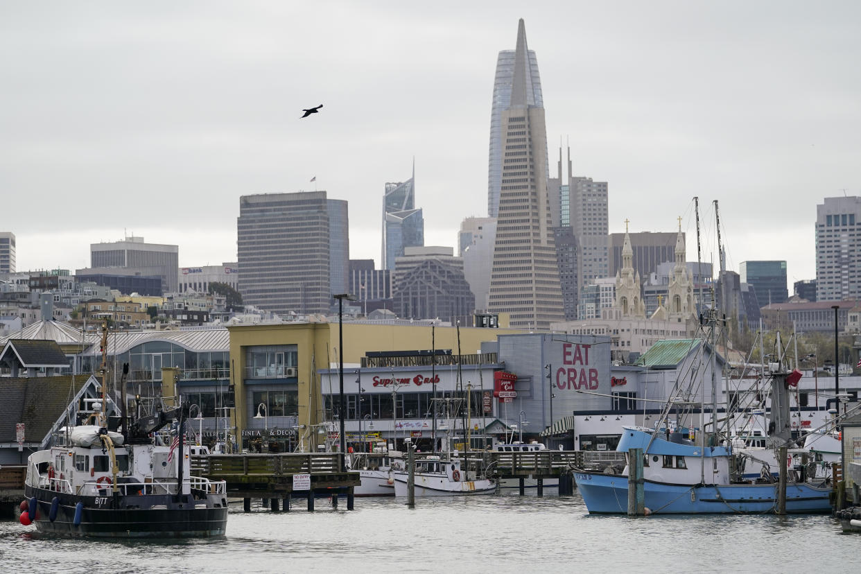 Fishing boats can be seen at Pier 45 in San Francisco, Monday, March 20, 2023. On April 7, the Pacific Fishery Management Council, the regulatory group that advises federal officials, will take action on what to do about the 2023 season for both commercial and recreational salmon fishing. (AP Photo/Godofredo A. Vásquez)