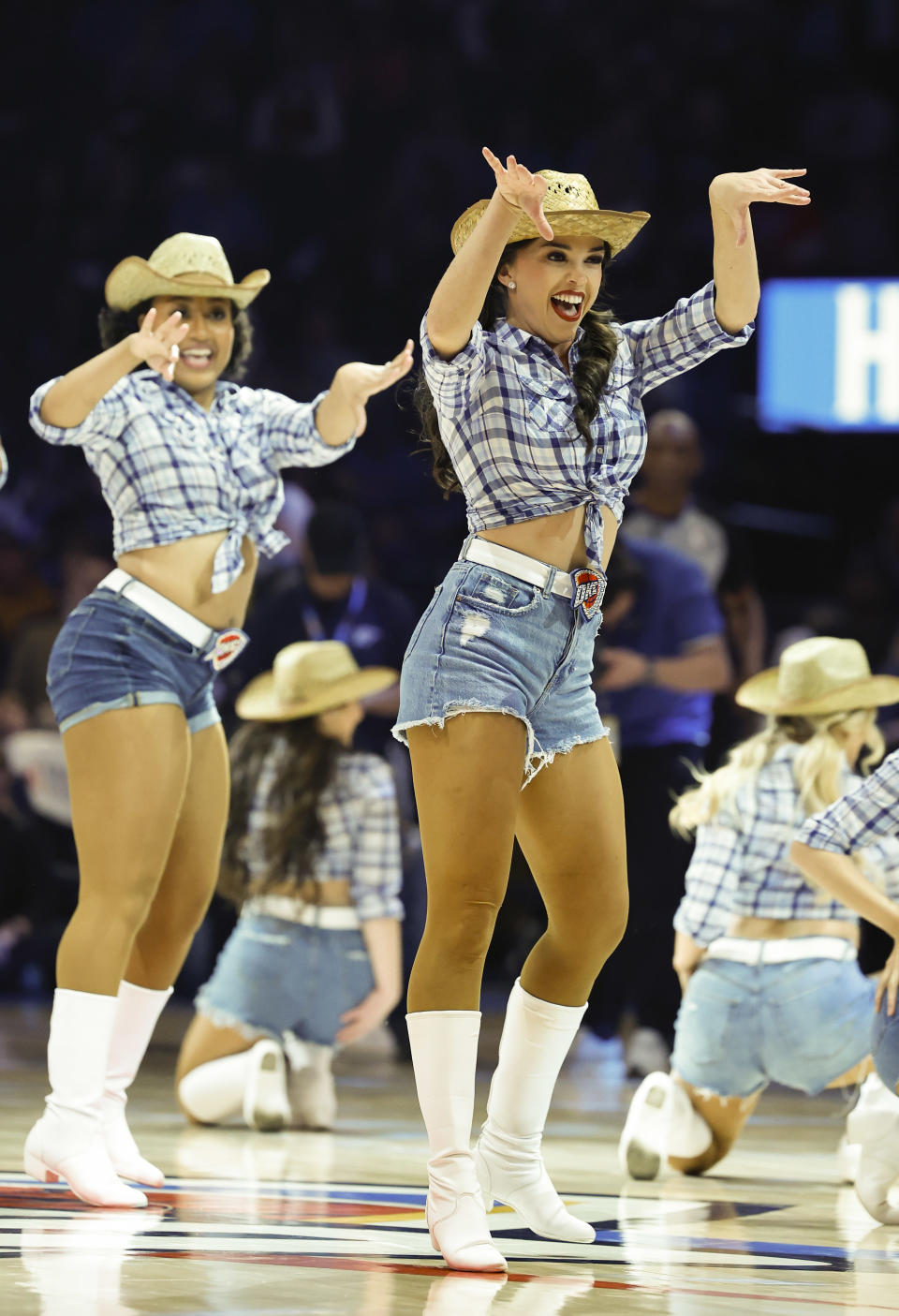 Dec 18, 2023; Oklahoma City, Oklahoma, USA; Oklahoma City Thunder Girls perform during a time out against the Memphis Grizzlies during the second quarter at Paycom Center. Mandatory Credit: Alonzo Adams-USA TODAY Sports
