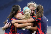 United States' Lindsey Horan, second from right, celebrates after scoring a goal during a women's soccer match against New Zealand at the 2020 Summer Olympics, Saturday, July 24, 2021, in Saitama, Japan. (AP Photo/Martin Mejia)