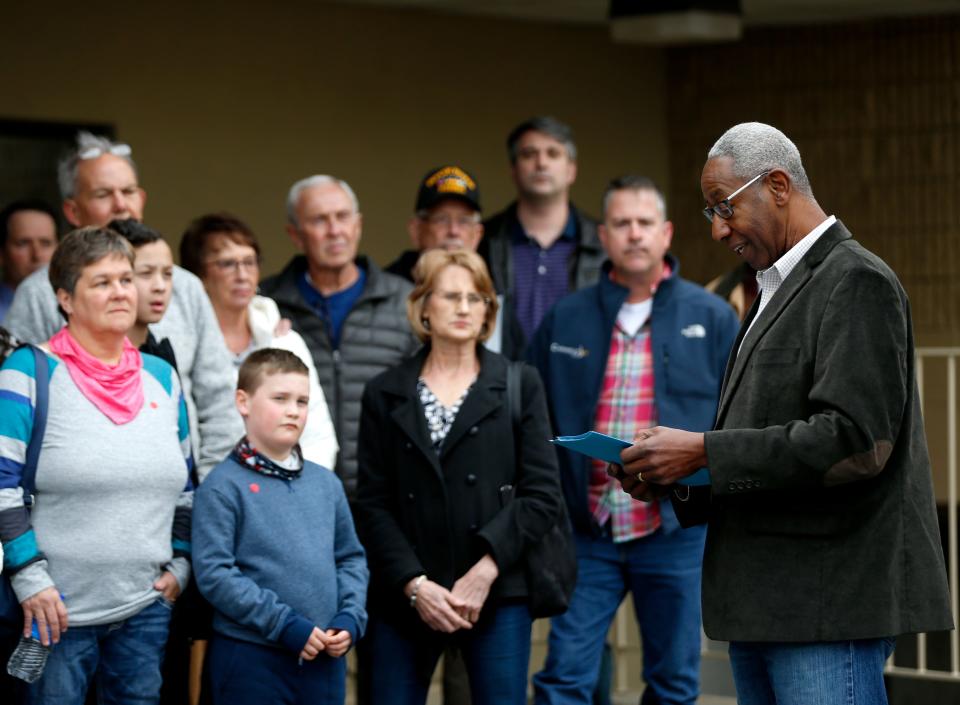 Calvin Morrow, a Springfield, Missouri rally organizer, speaks to families before a Springfield Public Schools board meeting on Tuesday, March 23, 2021. Morrow was speaking out against teaching critical race theory in Springfield's classrooms.