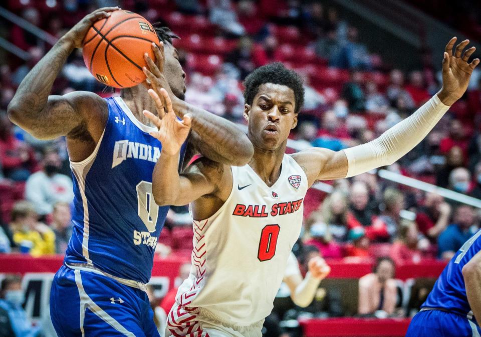 Ball State's Miryne Thomas defends against Indiana State's during their game at Worthen Arena Saturday, Nov. 27, 2021. 