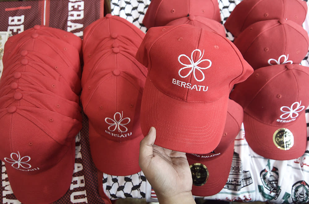 The logo of Parti Pribumi Bersatu Malaysia is seen on caps in this file picture taken December 29, 2018. — Picture by Miera Zulyana