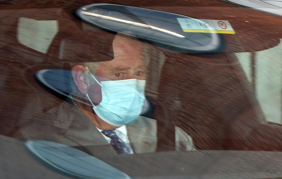 Prince Charles, Prince of Wales departs King Edward VII hospital where Prince Philip, Duke of Edinburgh is currently receiving treatment on February 20, 2021 in London, England. The Duke of Edinburgh was admitted to King Edward VII's Hospital after feeling unwell on the 16th February as a precautionary measure Buckingham Palace has said.