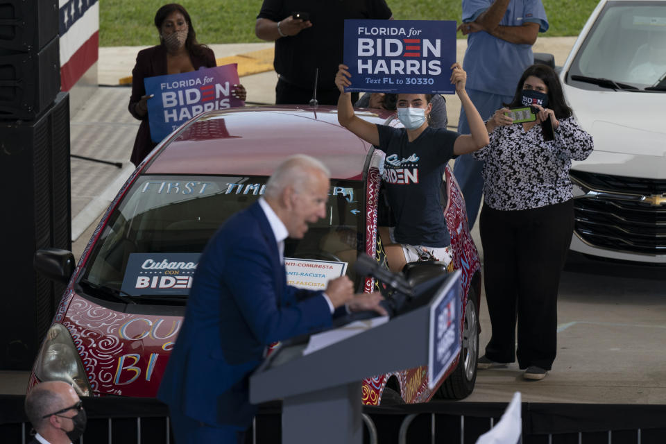 Democratic presidential candidate former Vice President Joe Biden speaks at Miramar Regional Park in Miramar, Fla., Tuesday Oct. 13, 2020. (AP Photo/Carolyn Kaster)