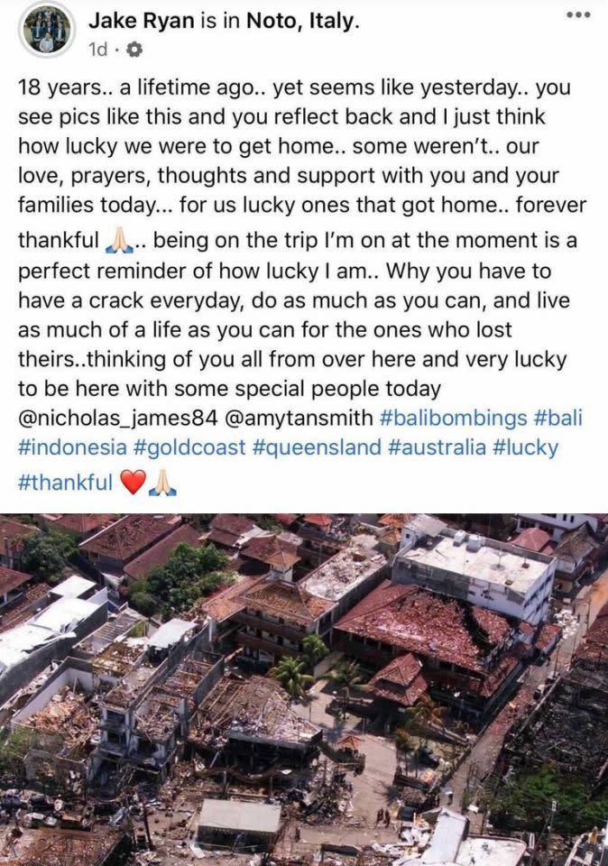 Jake Ryan's post reflecting on the Bali bombings, pictured here on Facebook.