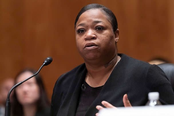 Briane Moore,formerly incarcerated in the Federal Bureau of Prisons,testifies at a Senate Homeland Security and Governmental Affairs Subcommittee on Investigations hearing on Sexual Abuse of Female Inmates in Federal Prisons at Capitol Hill in Washington. (Jose Luis Magana/AP)