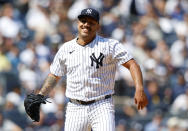 New York Yankees pitcher Nestor Cortes (65) reacts after a pitch during the seventh inning inning of a baseball game against the Tampa Bay Rays, Saturday, April 20, 2024 in New York. (AP Photo/Noah K. Murray)