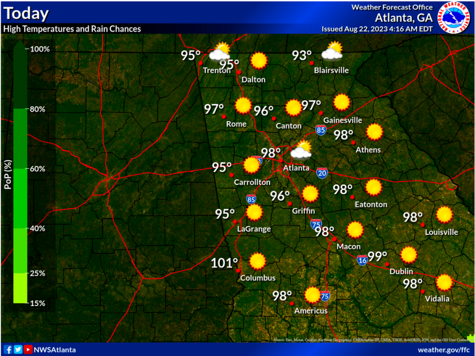 Forecast high temperatures from across the region for Tuesday.