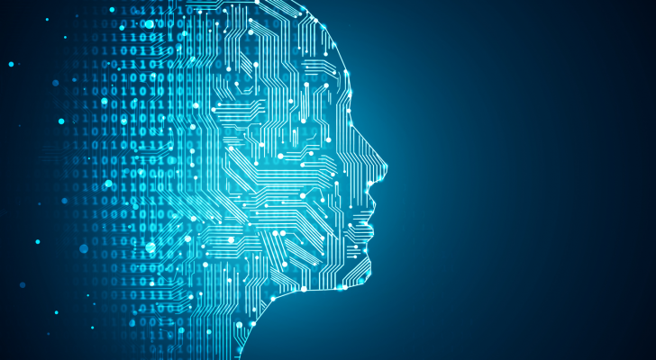 Blue graphic of human face made of binary code and stock PGY microchip.