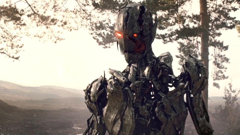 The dilapitiated final version of Ultron from Avengers: Age of Ultron standing in the woods