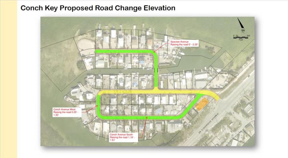 This map shows the proposed elevation needed to keep swatch on this road in Conch Key dry by 2045. Some areas could be raised as high as 2.25 feet, while others would see less than a foot of extra elevation.