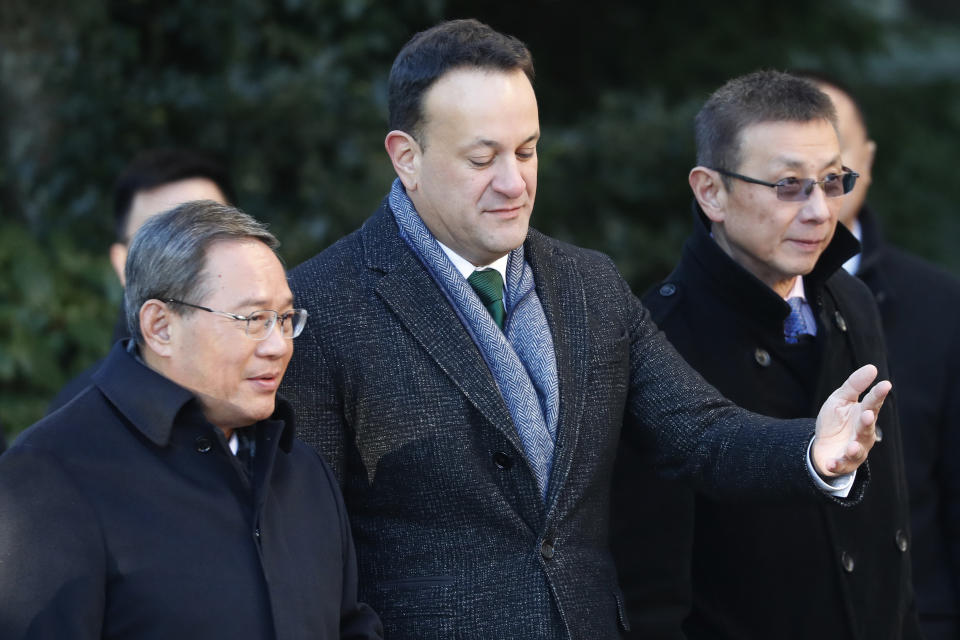 Chinese Premier Li Qiang, left, walks with Ireland's Prime Minister Leo Varadkar at Farmleigh House, during a visit to Dublin, Ireland, Wednesday, Jan. 17, 2024. Chinese Premier Li Qiang is visiting for talks on China's relations with the European Union and other global and bilateral issues. (AP Photo/Peter Morrison)