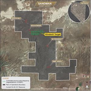 Location of CSAMT survey lines covering the Windmill target to the east of the Silica Ridge deposit.